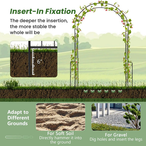 Diagram showing insert-in fixation for 7.9 Ft Metal Garden Arch Trellis For Climbing Plants Like Roses And Clematis, adaptable to grounds.