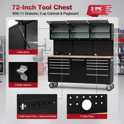 Badass Rolling Tool Chest With Eleven Deep Drawers Plus Three Extra Upper Cabinets Seventy Two Inch Black Steel Workshop Storage Cart, shown with cabinets and features.