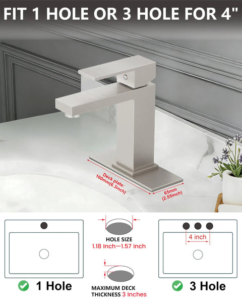 1 Hole Single Handle Stainless Steel Bathroom Faucet With Deck Plate In Brushed Nickel Modern Vanity Sink Faucet Set Includes Water Supply Hoses ABS Pop Up Drain No Plumber Needed Easy Install Kit