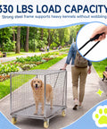 Heavy Duty Dog Crate Dolly With Rollin Wheels And Polished Chrome Casters 42 By 24 Inch Mobile Pet Transport Cart For K9 Kennels, dog inside crate outdoors.