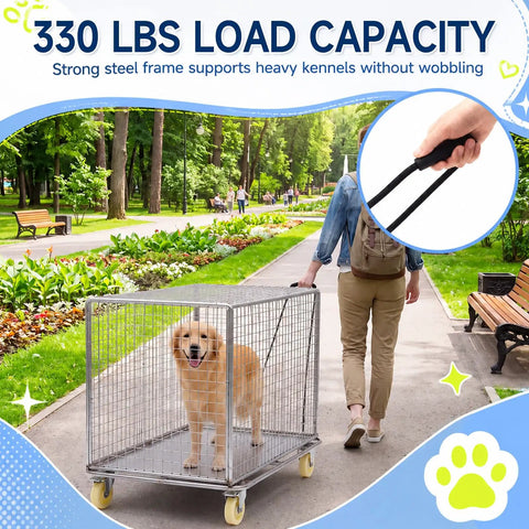 Heavy Duty Dog Crate Dolly With Rollin Wheels And Polished Chrome Casters 42 By 24 Inch Mobile Pet Transport Cart For K9 Kennels, dog inside crate outdoors.