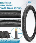 Foldable Bike Tire Set With Tubes, Levers, Rim Strips And Repair Kit for 24 inch bikes, 1.75 wide tires, 32mm Schrader valve, ETRTO 47-507