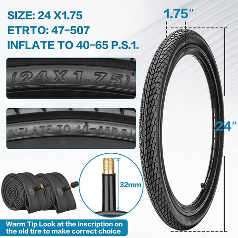 Foldable Bike Tire Set With Tubes, Levers, Rim Strips And Repair Kit for 24 inch bikes, 1.75 wide tires, 32mm Schrader valve, ETRTO 47-507