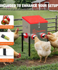 Top Shelf Metal Chicken Feeder With 30 Pound Capacity And Six Accessible Ports cuts waste fast, includes sturdy adjustable legs and a veggie tray.