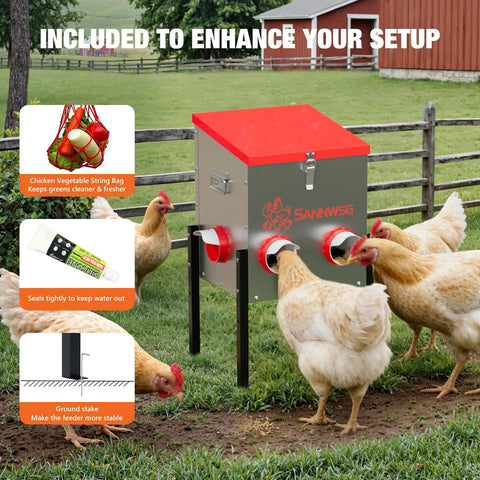 Top Shelf Metal Chicken Feeder With 30 Pound Capacity And Six Accessible Ports cuts waste fast, includes sturdy adjustable legs and a veggie tray.