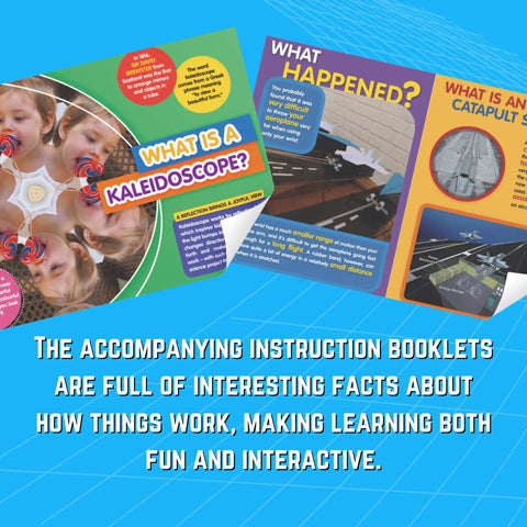 Hands On STEAM Aircraft Launcher Kit For Aerodynamics And Flight Science Includes Four Foam Planes Step By Step Assembly And Realistic Flight Experiments An Educational STEM Toy For Classroom Or Home Learning instruction booklets with facts about kaleidoscopes and catapults