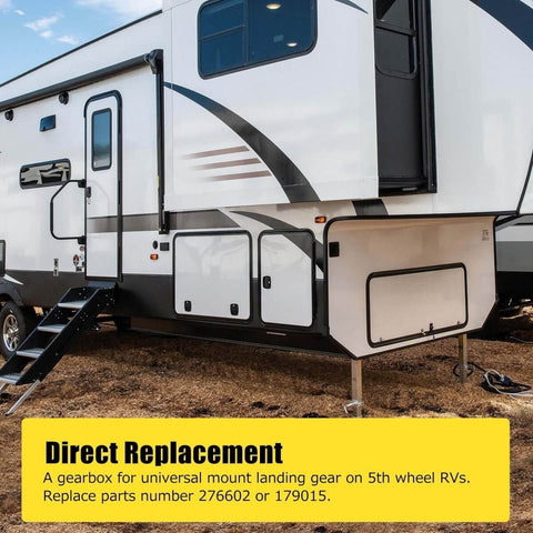 Side view of RV with Go To Fifth Wheel Landing Gear Box Replacement For RV Universal Mount 276602 179015 Compatible With Lippert Venture Atwood Pac Rim Stromberg Carlson Gearbox installed.