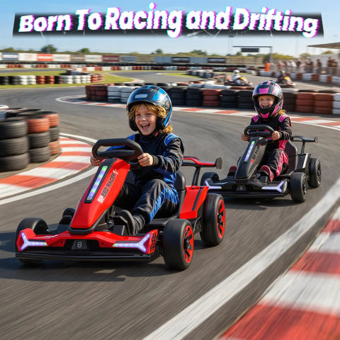 Kids enjoying Electric Drifting Kart 24V With 800W Twin Motors, 10Ah Battery, Outdoor Ride On Toy, on race track