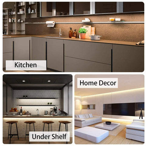 Under Cabinet LED Lighting Kit With Sixteen Point Four Foot Dimmable Tape Light 1050 Lumen Super Bright 3000K in kitchen, shelf, decor