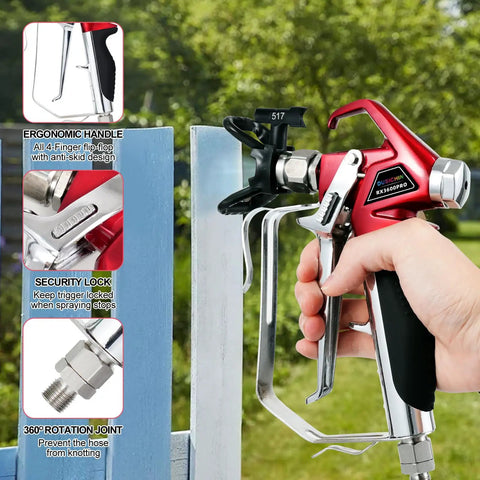 Heavy Duty High Pressure Airless Paint Primer Spray Gun Featuring Slick Reversible 517 Tip And Swivel Coupler in use on fence.