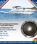 Image of a boat on the water with inset of a Beefy 153 Tooth Marine Flywheel for 2.5L and 3.0L engines, 1990-1997.