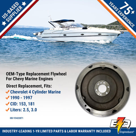 Image of a boat on the water with inset of a Beefy 153 Tooth Marine Flywheel for 2.5L and 3.0L engines, 1990-1997.