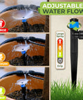 30 Pcs Drip Irrigation Emitters With Push To Connect Adjustable 360 Degree Drip Emitters On Six Inch Stake demonstrating water flow adjustment with large, medium, and drip settings.