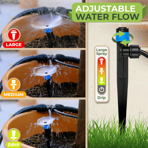 30 Pcs Drip Irrigation Emitters With Push To Connect Adjustable 360 Degree Drip Emitters On Six Inch Stake demonstrating water flow adjustment with large, medium, and drip settings.