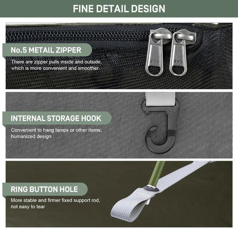 Detail of Three In One Camping Hammock With Mosquito Net showing metal zipper, internal hook, and ring button hole.