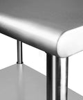 Close-up of NSF Stainless Steel Workbench With Backsplash 24 By 36 Inches Built To Last, showing corner and galvanized leg.