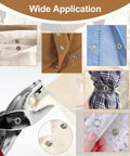 200 Piece Metal Snap Fasteners Kit With Tool 9.5mm No Sew Open Ring Prongs used on various clothing fabrics and a dress tool in use.