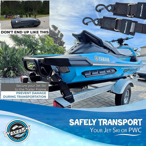 Adjustable Marine Boat Trailer Transom Tie Down Straps With Quick Release Buckle securing jet ski on trailer