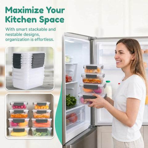 Woman placing Five Cup Plastic Food Storage Containers With Lids Nestable For Freezer And Dishwasher Safe into refrigerator.