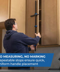 Man using Cabinet Hardware Jig Pro XL Flexible Full Length To Compact Setup For Wide Pulls Or Knob Mounts on wooden cabinet