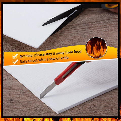 White gasket paper sheets, 1/4-inch thick, high-temperature material being cut with a red utility knife