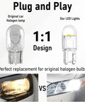 Comparison of halogen lamp and LED light from 30 Pack 194 LED Bulbs T10 Wedge COB Ultra Bright 6000K Cool White