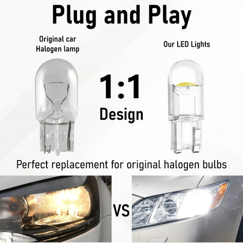 Comparison of halogen lamp and LED light from 30 Pack 194 LED Bulbs T10 Wedge COB Ultra Bright 6000K Cool White
