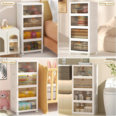 Four Tier Stackable Plastic Storage Bins With Lids And Wheels Folding Storage Boxes 92 Qt Total Capacity in various room settings