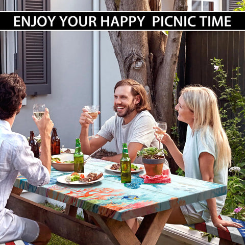 Outdoor Picnic Table Cover With Elastic Sides And Bench Covers 3 Piece Set 72 X 30 Table And 72 X 12 Benches Waterproof Fit For 6Ft Tables Sea Turtle Pattern installed in a backyard dining setting.