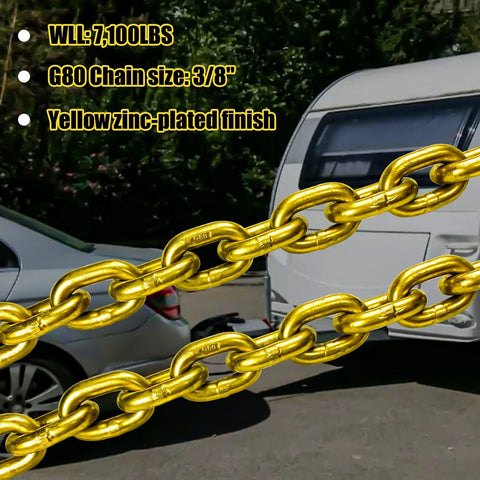 G80 Trailer Safety Chain 35 Inch Tow Chain With 3/8 Clevis Snap Hook 2-Pack in use, yellow zinc-plated, connecting car to trailer
