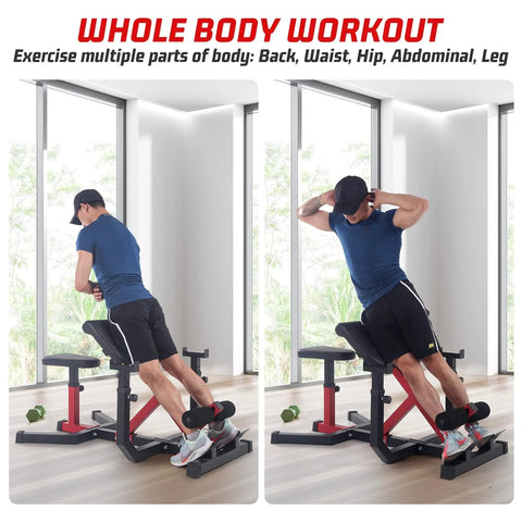 Man exercising on 2 In 1 Roman Chair And Preacher Curl Bench For Home Gym, Multi Function Hyperextension Bench, side view.