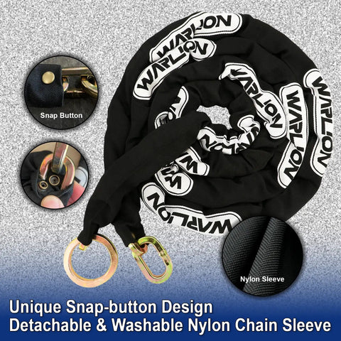 Heavy Duty Security Chain For Motorcycles ATVs Ebikes And Generators, Built To Last Ten Foot By Three Eighths Inch Thick And Tough As Nails Anti Theft Lock With Cinch Ring, Cut Resistant Chain For Two Wheelers with snap-button design and nylon sleeve.