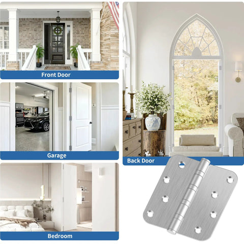 Heavy Duty Ball Bearing Door Hinges 4X4 Brushed Nickel Finish displayed on various door types including garage and front door.