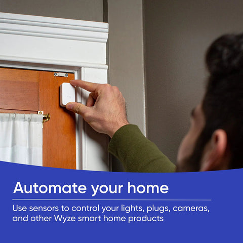 Man installing Three Pack Wireless Entry Sensors For Home Security System on door with Alexa integration, battery life 18 months.