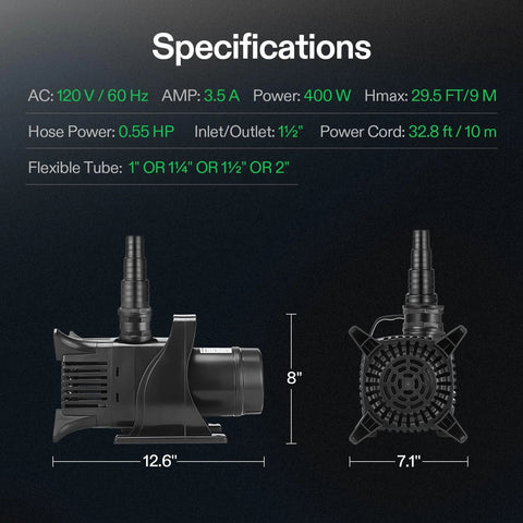 VIVOSUN 5284 GPH submersible pond pump, 400W, black plastic, side and front views.