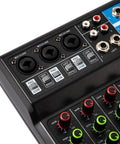 Close-up of input controls on Five Channel Mini DJ Mixer With Bluetooth And USB Playback, Phantom Power, MP3 Stereo Input Output.