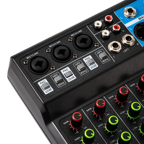 Close-up of input controls on Five Channel Mini DJ Mixer With Bluetooth And USB Playback, Phantom Power, MP3 Stereo Input Output.