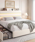 Snag This Super Roomy Queen Size Bed Frame With Plush Beige Velvet Upholstery And Two Easy Glide Storage Drawers Plus Smart Headboard Shelf in a bright bedroom.