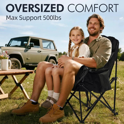 Father and daughter sitting in Beast Mode Comfort Oversized Camping Chair For Adults Heavy Duty Padded Outdoor Folding Lawn XL Camp Chair