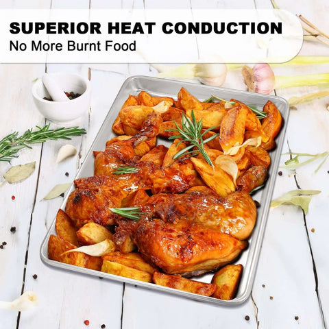 Heavy Duty Half Sheet Pans With Rack Set For Baking And Roasting Thick Aluminum Bakeware with roasted chicken and potatoes
