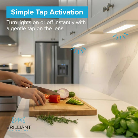 Hands chopping vegetables under Two Pack Wireless LED Under Cabinet Lights Battery Operated Eight And A Half Inch Long Sixty Five Lumens Tap Light For Kitchen Closet Pantry And Countertops