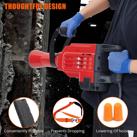 Solid Build Heavy Duty Electric Jack Hammer Concrete Breaker Demolition Rig for Ripping Through Slabs with ergonomic grips.