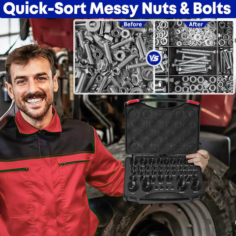 Man holding 47 Piece Thread Checker Set For Nut And Bolt Threads Box Gauge For Standard And Metric Sizing 25 Inch And 22 Metric.