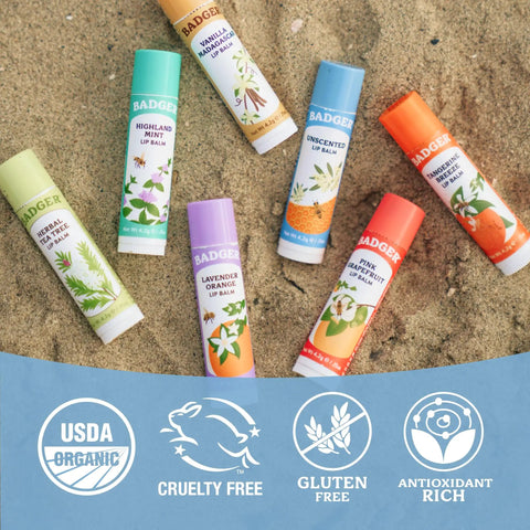 Must Have Organic Lip Balm Gift Set Four Flavor Pack Featuring Tangerine Lavender Orange Vanilla Grapefruit Silky Long Lasting Moisturizer For Dry Lips With All Natural Beeswax Olive Oil And Aloe tubes on sand