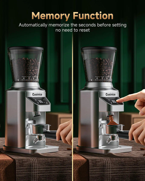 Ditch The Clutter And Ditch The Static With This Sharp Conical Burr Coffee Grinder showing memory function for easy grinding.