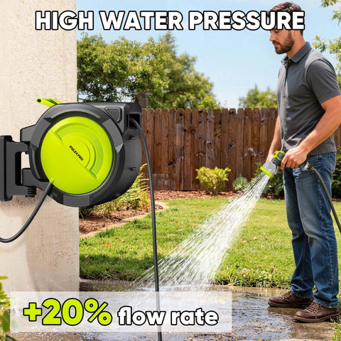 Man using Heavy Duty Automatic Wall Mount Garden Hose Reel With 160 Feet Of Kink Free Auto Rewind Hose in garden