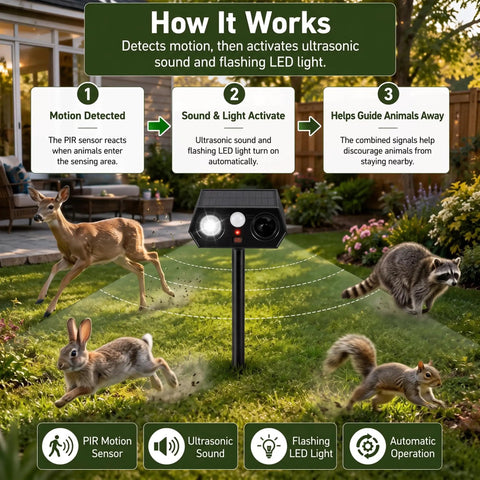 Solar Ultrasonic Critter Repeller With Motion Sensor And LED Flashing Light For Outdoor Yards And Gardens Deterring Deer Cats Dogs Rabbits Squirrels Raccoons And More Two Pack in garden