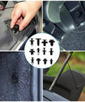 910 Piece Car Push Retainer Clips Plastic Fasteners Kit With 6 Nylon Trim Removal Tools, in use on car panels.