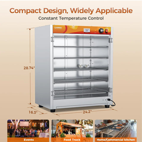 Top Shelf Heavy Duty Commercial Food Warmer Cabinet Featuring Spacious 133 Quart Five Tier Layout With Lightning Fast Nine Hundred Watt Rapid Heater Built Tough For Busy Kitchens And Caterers Who Need Reliable Hot Holding Performance Daily, compact design, stainless steel, 28.74" height.