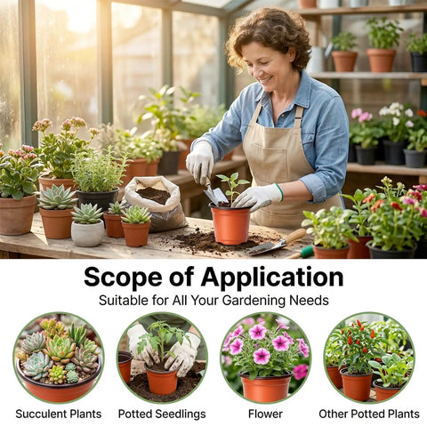 Woman using 100 Pack 4 Inch Plastic Nursery Pots With Drainage Holes And 100 Plant Labels For Seed Starting Seedlings And Small Flower Plants.